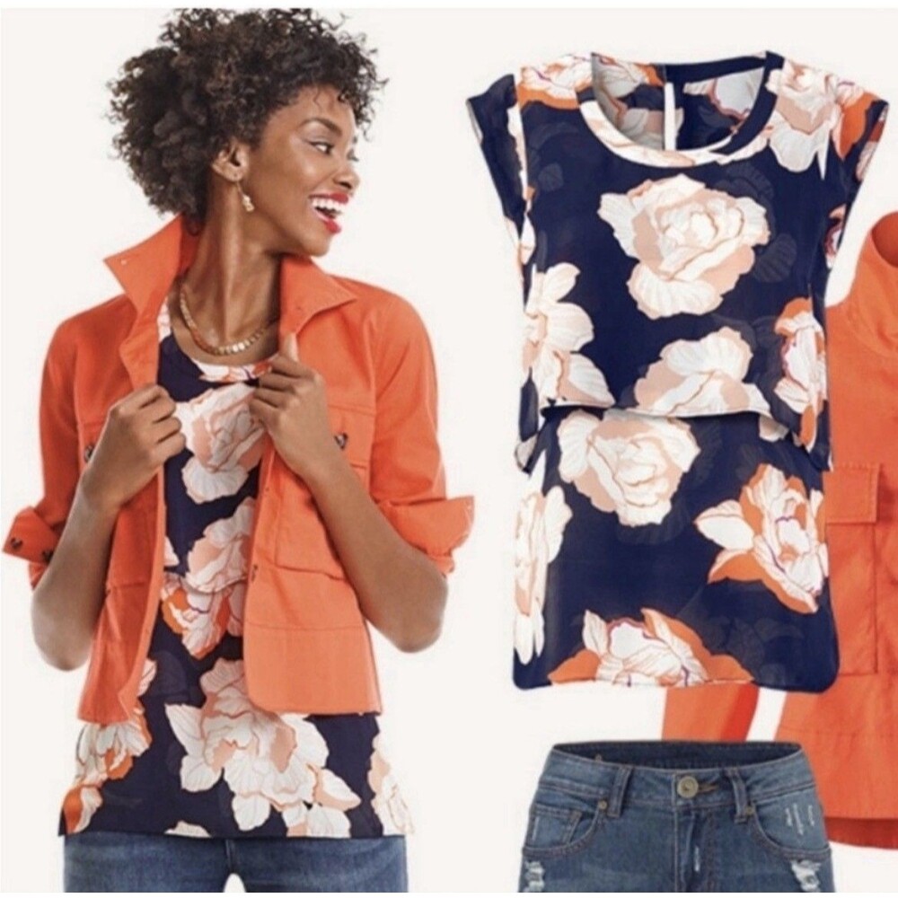 Cabi Blossom Tiered Blouse Women’s Size Medium Orange Navy Floral
